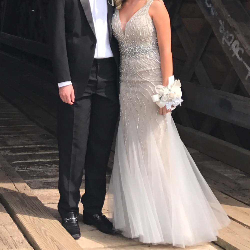 Beaded, silver/grey white prom dress